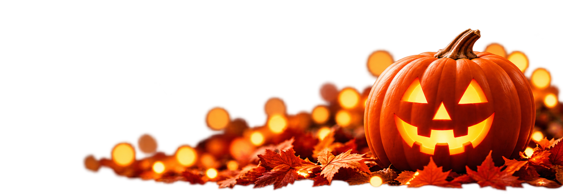 Abóbora de Halloween entre folhas outonais luminosas